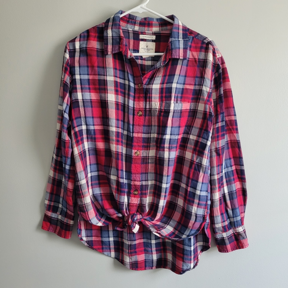 American Eagle Plaid Front Tie Button Down